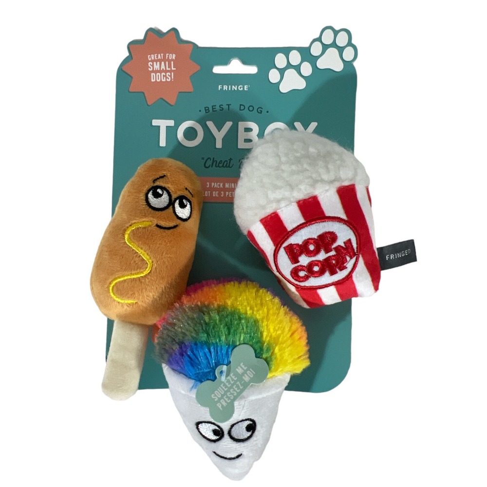 NEW Fringe Dog Set Of 3 Mini Plush Toys Squeaker and Crinkle "Cheat day"